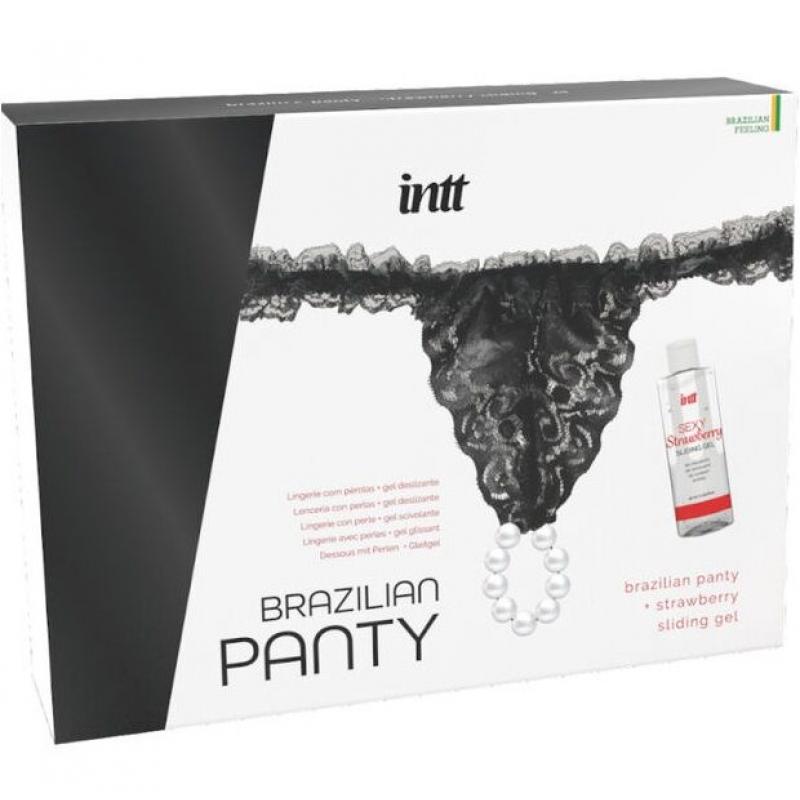 Intt releases - panty brasileña negra con perlas y gel lubricante 50 ml