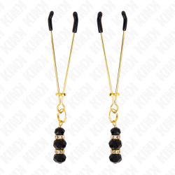 Kink - pinzas para pezones dorada fina con triple bola de vidrio negro 7 cm