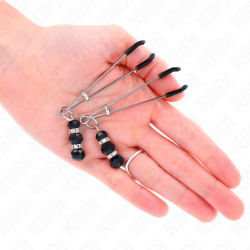 Kink - pinzas para pezones plateada fina con triple bola de vidrio negro 7 cm