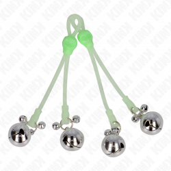 Kink - pinzas para pezones luminosas forma calabera con cascabel sonoro ajustable verde / plateado