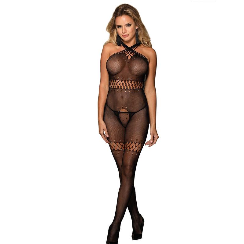 Subblime - h3238 bodystocking de rejilla con tirantes de cuello cruzados negro talla única