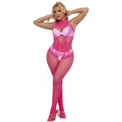 Subblime - 952389 bodystocking crotchless de rejilla y encaje con cuello alto rosa talla única