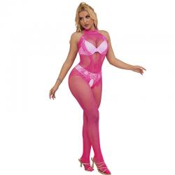 Subblime - 952389 bodystocking crotchless de rejilla y encaje con cuello alto rosa talla única