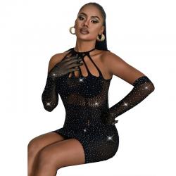 Subblime - 952235 bodystocking de rejilla con brillantes y guantes negro talla única