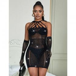 Subblime - 952235 bodystocking de rejilla con brillantes y guantes negro talla única