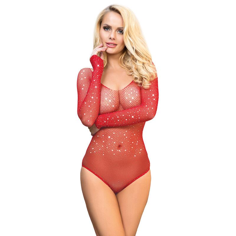 Subblime - 952303 bodystocking de rejilla brillante con hombros descubiertos manga larga rojo talla única