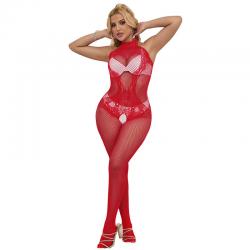 Subblime - 952372 bodystocking crotchless de rejilla y encaje con cuello alto rojo talla única