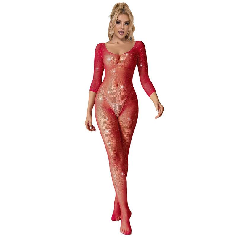 Subblime - 952419 bodystocking de rejilla con diamantes manga larga rojo talla única