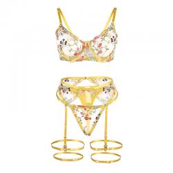 Subblime - 954345 sujetador + tanga + ligueros diseño floral amarillo s/m