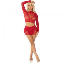 Leg avenue - top + falda de rejilla con brillantes rojo