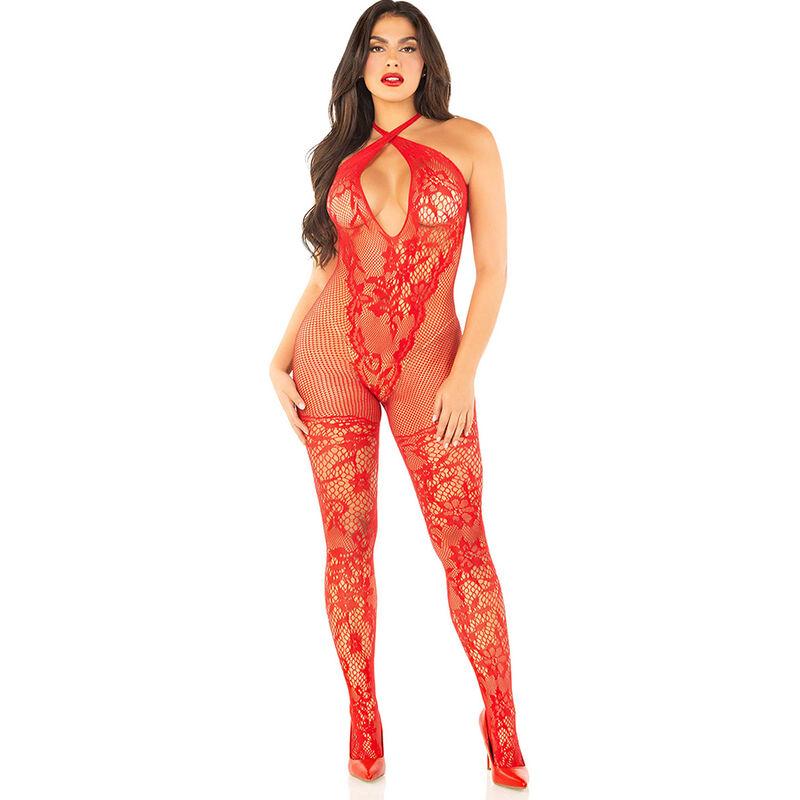 Leg avenue - bodystocking de rejilla con estampado de flores rojo talla única