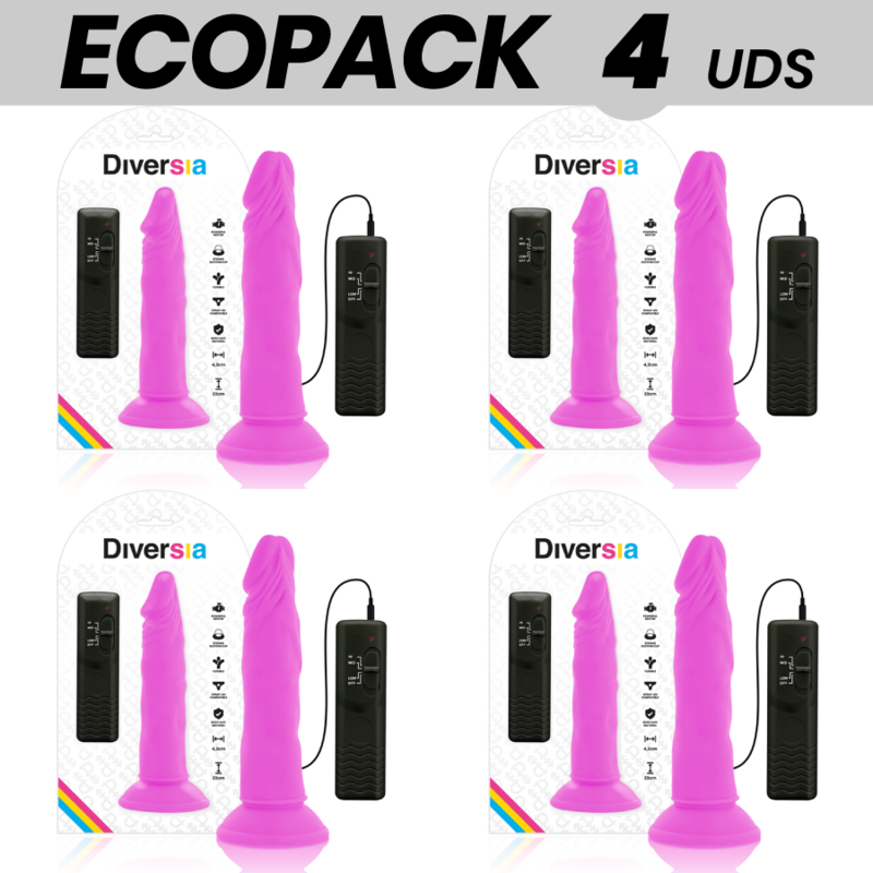 Ecopack 6 uds - diversia dildo flexible con vibracion lila 23 cm -o- 4.3 cm